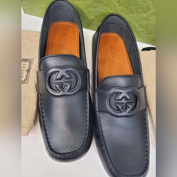 GUCCI AYRTON BLACK SOFT LEATHER INTEROCKING G DRIVER MOCCASINS SHOES SZ UK/G 10+ - Picture 1 of 10